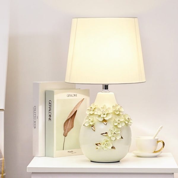 Contemporary Nordic Ceramic Fabric Floral Column 1-Light Table Lamp For Bedroom And Living Room - Image 5
