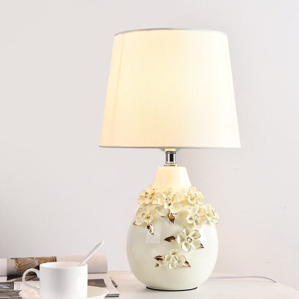 Contemporary Nordic Ceramic Fabric Floral Column 1-Light Table Lamp For Bedroom And Living Room - Image 11