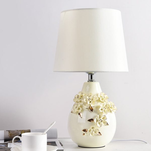 Contemporary Nordic Ceramic Fabric Floral Column 1-Light Table Lamp For Bedroom And Living Room - Image 12