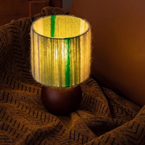 Traditional French Oak And Mohair Weaving Round Sphere Cylinder 1-Light Table Lamp For Bedroom - Image 6
