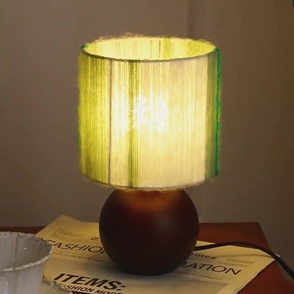 Traditional French Oak And Mohair Weaving Round Sphere Cylinder 1-Light Table Lamp For Bedroom
