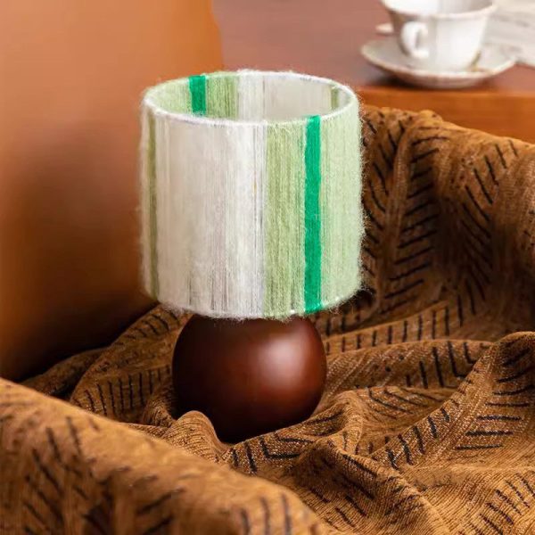 Traditional French Oak And Mohair Weaving Round Sphere Cylinder 1-Light Table Lamp For Bedroom - Image 3