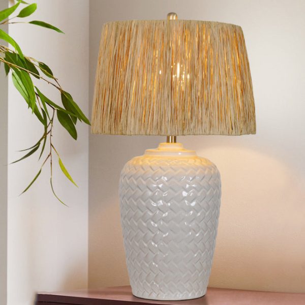Traditional Rustic Ceramic & Raffia Grid Pattern Jar-Shaped 1-Light Table Lamp For Bedroom & Living Room - Image 2