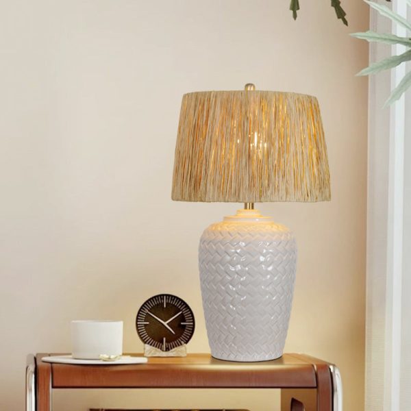 Traditional Rustic Ceramic & Raffia Grid Pattern Jar-Shaped 1-Light Table Lamp For Bedroom & Living Room - Image 3