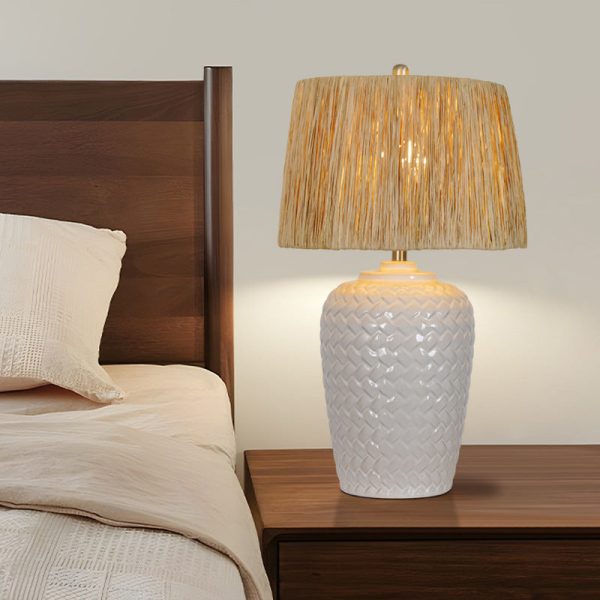 Traditional Rustic Ceramic & Raffia Grid Pattern Jar-Shaped 1-Light Table Lamp For Bedroom & Living Room - Image 4