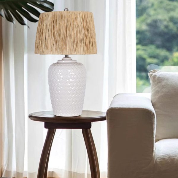 Traditional Rustic Ceramic & Raffia Grid Pattern Jar-Shaped 1-Light Table Lamp For Bedroom & Living Room - Image 5