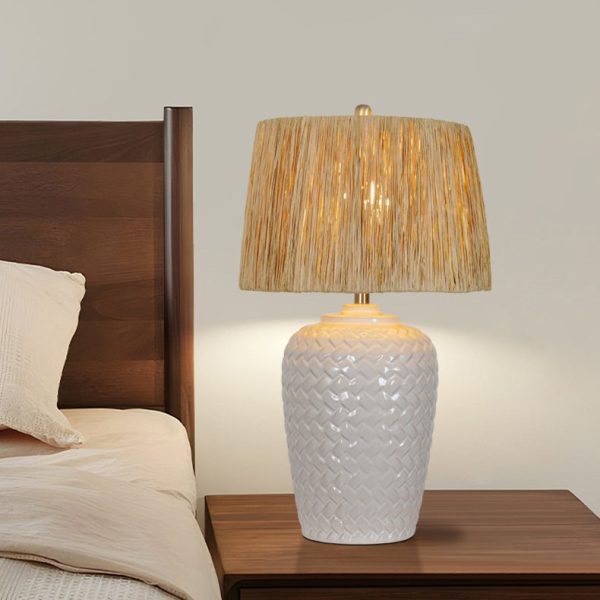 Traditional Rustic Ceramic & Raffia Grid Pattern Jar-Shaped 1-Light Table Lamp For Bedroom & Living Room