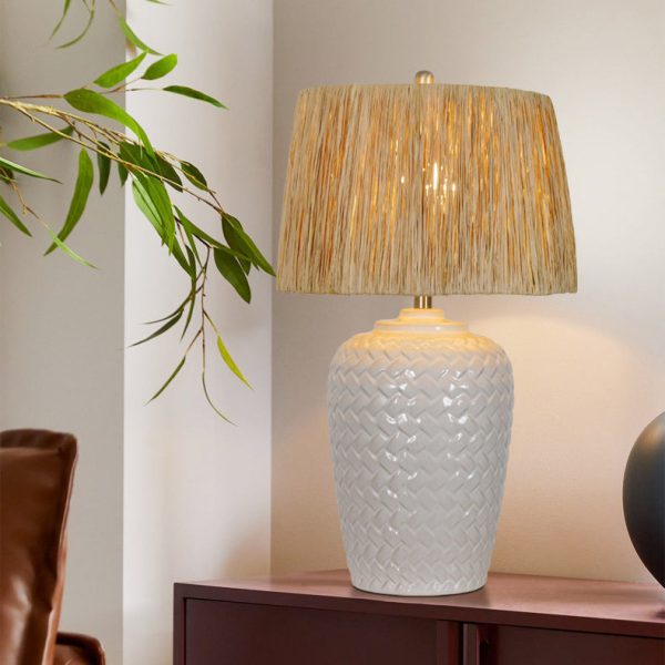 Traditional Rustic Ceramic & Raffia Grid Pattern Jar-Shaped 1-Light Table Lamp For Bedroom & Living Room - Image 10