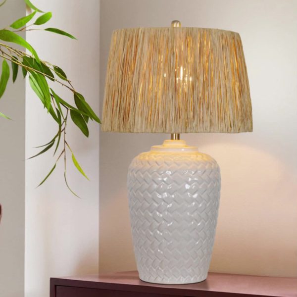 Traditional Rustic Ceramic & Raffia Grid Pattern Jar-Shaped 1-Light Table Lamp For Bedroom & Living Room - Image 11