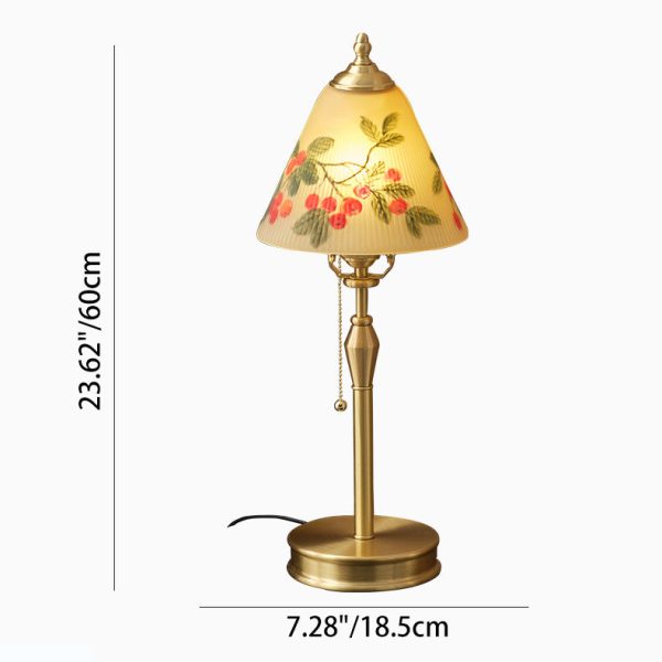 Traditional Chinese Brass & Glass Painted Cherry Cone 1-Light Table Lamp For Bedroom - Image 9