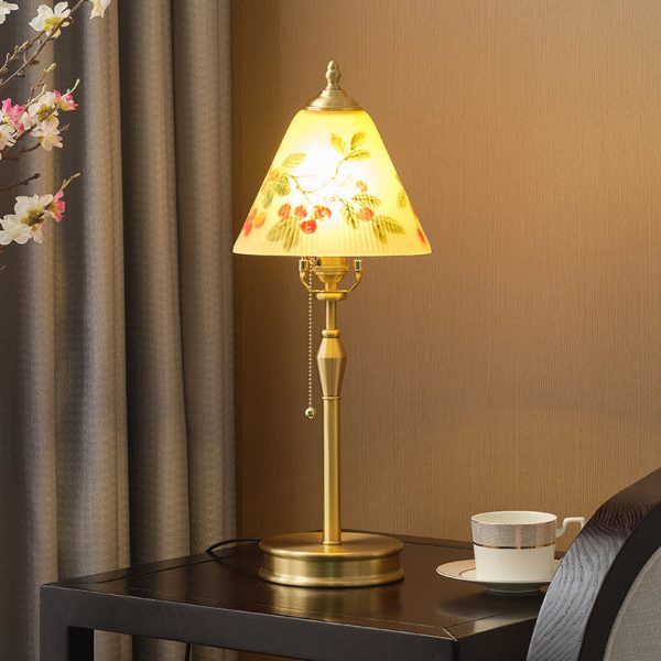 Traditional Chinese Brass & Glass Painted Cherry Cone 1-Light Table Lamp For Bedroom - Image 6