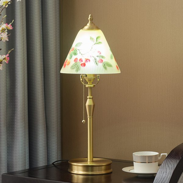 Traditional Chinese Brass & Glass Painted Cherry Cone 1-Light Table Lamp For Bedroom - Image 14