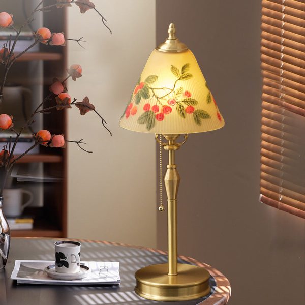 Traditional Chinese Brass & Glass Painted Cherry Cone 1-Light Table Lamp For Bedroom - Image 2