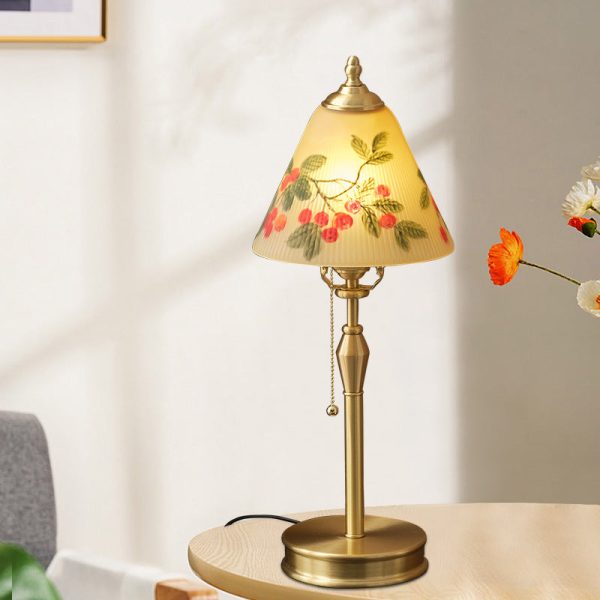 Traditional Chinese Brass & Glass Painted Cherry Cone 1-Light Table Lamp For Bedroom - Image 3