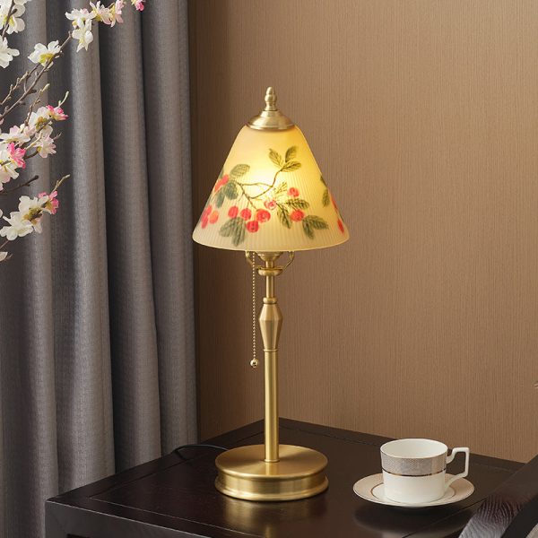 Traditional Chinese Brass & Glass Painted Cherry Cone 1-Light Table Lamp For Bedroom