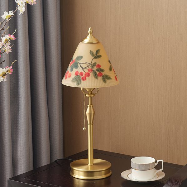 Traditional Chinese Brass & Glass Painted Cherry Cone 1-Light Table Lamp For Bedroom - Image 18