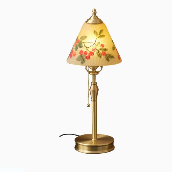 Traditional Chinese Brass & Glass Painted Cherry Cone 1-Light Table Lamp For Bedroom - Image 19