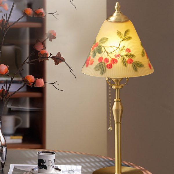 Traditional Chinese Brass & Glass Painted Cherry Cone 1-Light Table Lamp For Bedroom - Image 13