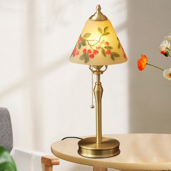 Traditional Chinese Brass & Glass Painted Cherry Cone 1-Light Table Lamp For Bedroom - Image 16