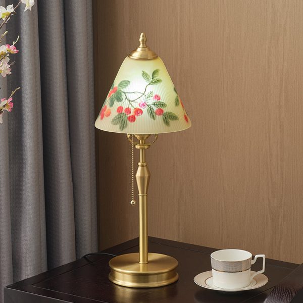 Traditional Chinese Brass & Glass Painted Cherry Cone 1-Light Table Lamp For Bedroom - Image 7