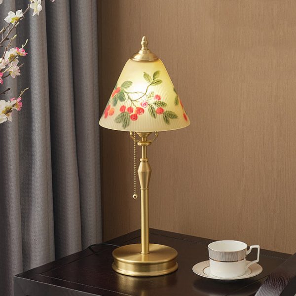 Traditional Chinese Brass & Glass Painted Cherry Cone 1-Light Table Lamp For Bedroom - Image 8