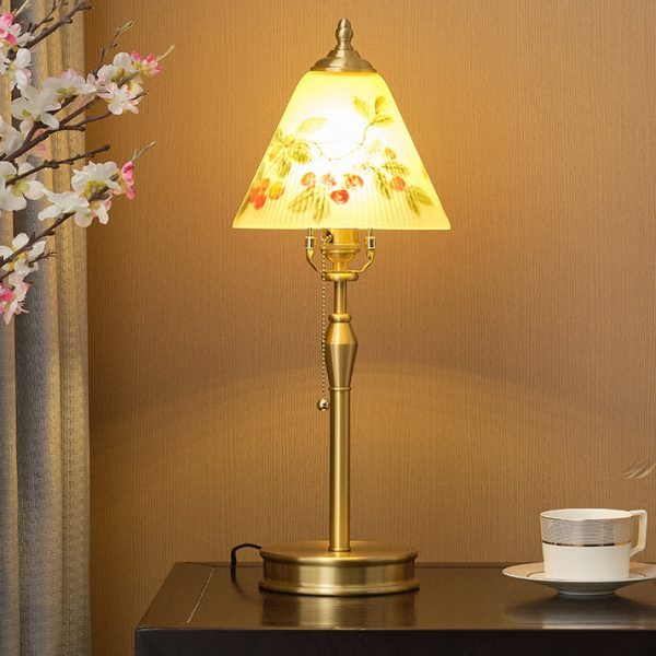 Traditional Chinese Brass & Glass Painted Cherry Cone 1-Light Table Lamp For Bedroom - Image 5