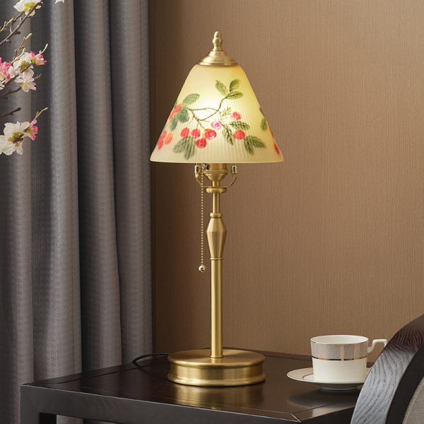 Traditional Chinese Brass & Glass Painted Cherry Cone 1-Light Table Lamp For Bedroom - Image 15