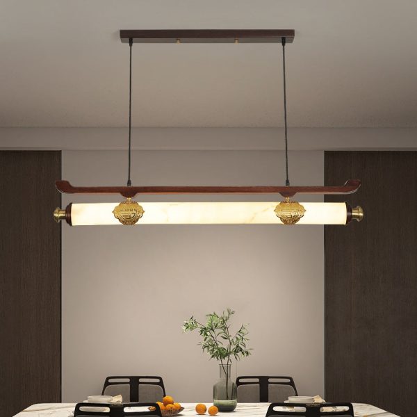 Traditional Chinese Brass Wujin Wood & Imitation Marble Bar-Shaped LED Chandelier Island Light For Dining Room
