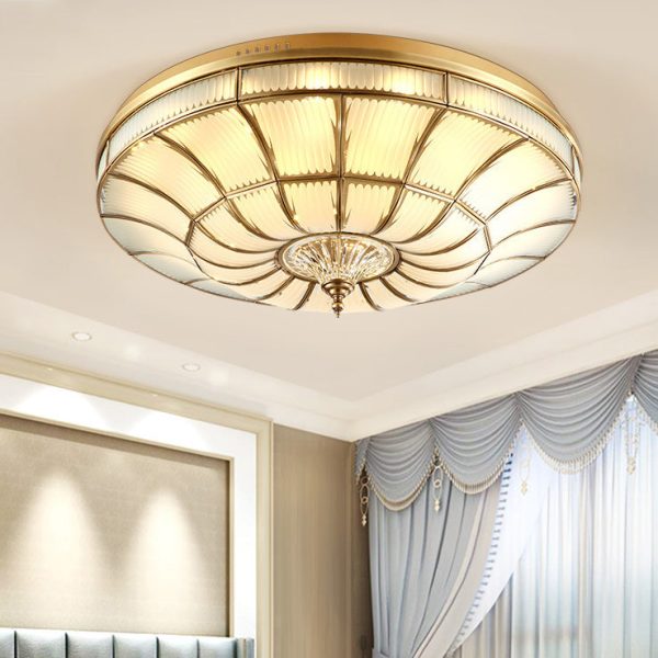 Traditional European Brass Glass Crystal Round LED Flush Mount Ceiling Light For Living Room And Bedroom