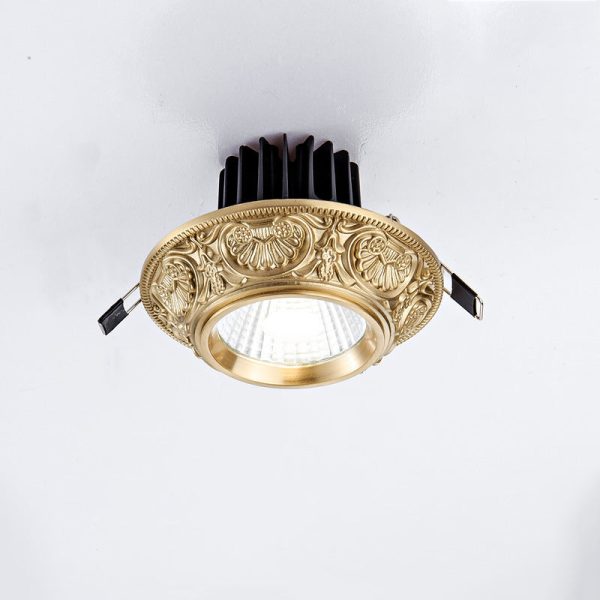 Traditional European Brass Aluminum Round Carved Spotlight LED Flush Mount Ceiling Light For Hallway And Living Room - Image 15