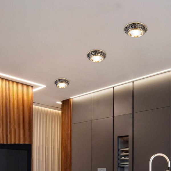 Traditional European Brass Aluminum Round Carved Spotlight LED Flush Mount Ceiling Light For Hallway And Living Room - Image 2