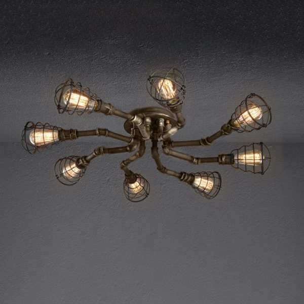 Industrial Vintage Water Pipe Round Iron 4/6/8 Light Flush Mount Ceiling Light - Image 18