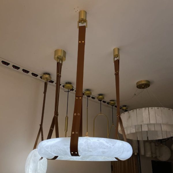 Contemporary Nordic Round Leather Copper Imitation Marble LED Chandelier For Living Room - Image 14