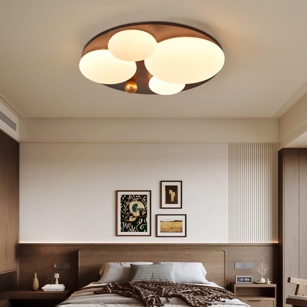 Contemporary Retro Round Golden Sphere Rubber Wood Acrylic Iron Lampshade LED Semi-Flush Mount Ceiling Light For Bedroom - Image 8