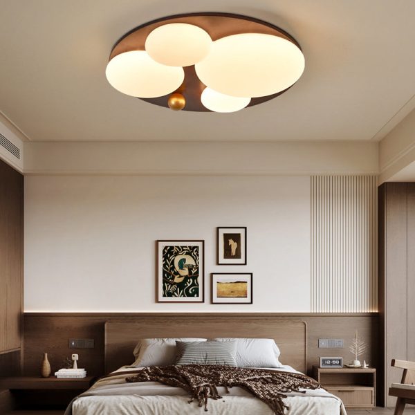 Contemporary Retro Round Golden Sphere Rubber Wood Acrylic Iron Lampshade LED Semi-Flush Mount Ceiling Light For Bedroom - Image 2