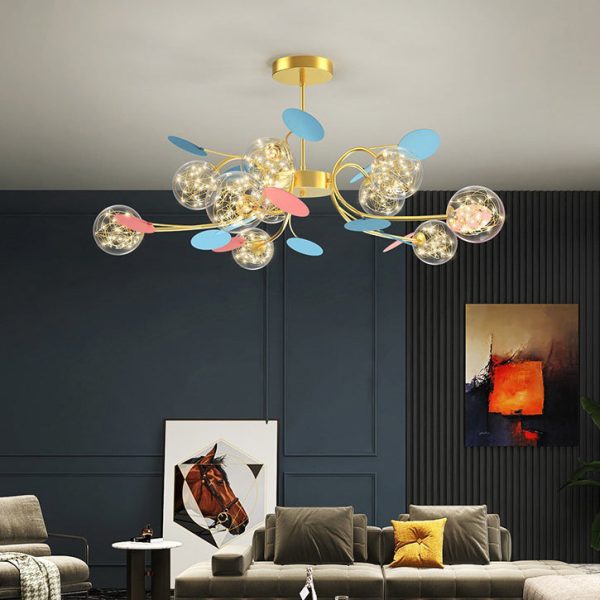 Contemporary Nordic Dome Baby's Breath Orbs Branch Curved Rod Iron Glass LED Chandeliers For Living Room