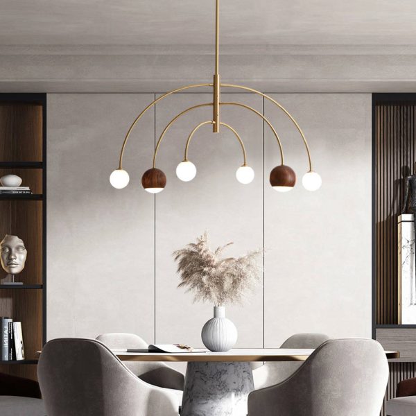 Contemporary Scandinavian Dome Semicircular Arc Orbs Walnut Ash Copper 6 - Light Chandelier For Dining Room