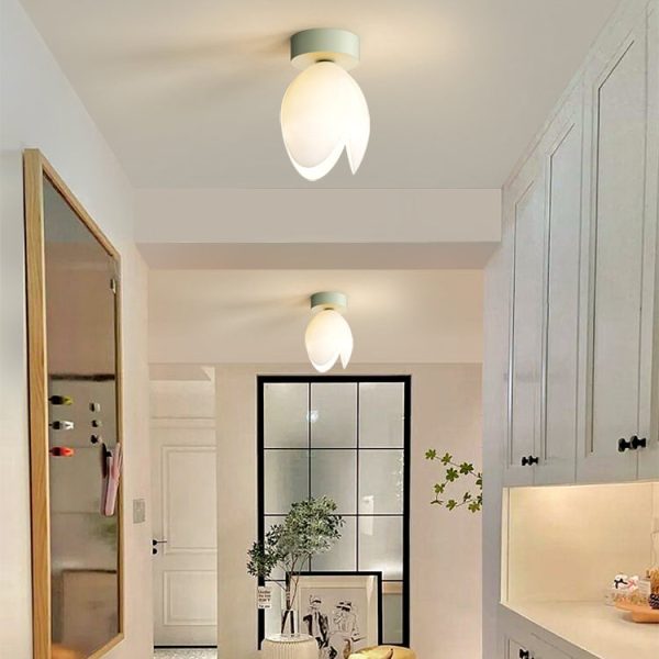 Contemporary Nordic Dome Tulip Flower Iron PE Lampshade LED Semi-Flush Mount Ceiling Light For Hallways