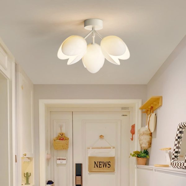 Contemporary Nordic Dome Tulip Flower Iron PE Lampshade LED Semi-Flush Mount Ceiling Light For Hallways - Image 3