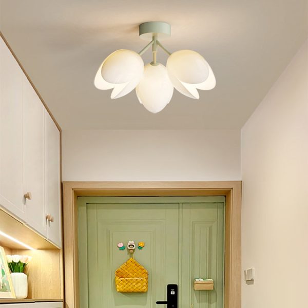 Contemporary Nordic Dome Tulip Flower Iron PE Lampshade LED Semi-Flush Mount Ceiling Light For Hallways - Image 2