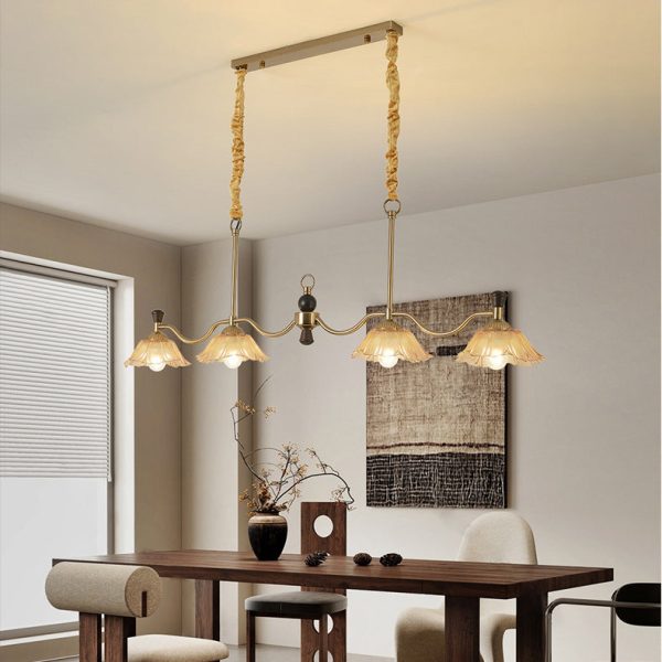 Traditional French Flower Iron Solid Wood Glass 4 - Light Chandelier Island Light For Dining Room - Image 9