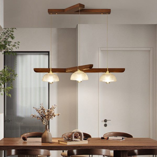 Traditional Japanese Semicircle Solid Wood Glass 3 - Light Chandelier For Dining Room