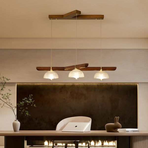 Traditional Japanese Semicircle Solid Wood Glass 3 - Light Chandelier For Dining Room - Image 2