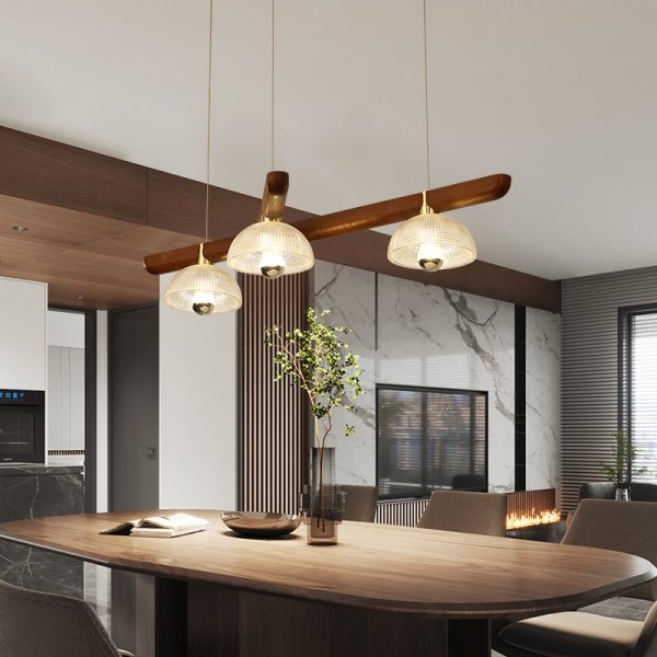 Traditional Japanese Semicircle Solid Wood Glass 3 - Light Chandelier For Dining Room - Image 3