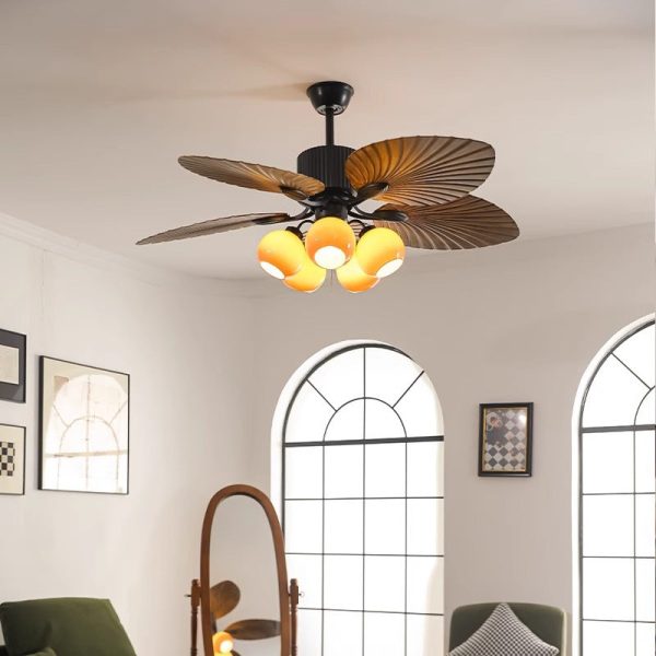 Traditional French Banana Leaves ABS Fan Round Glass Lampshade Iron 5 - Light Downrods Ceiling Fan Light For Living Room