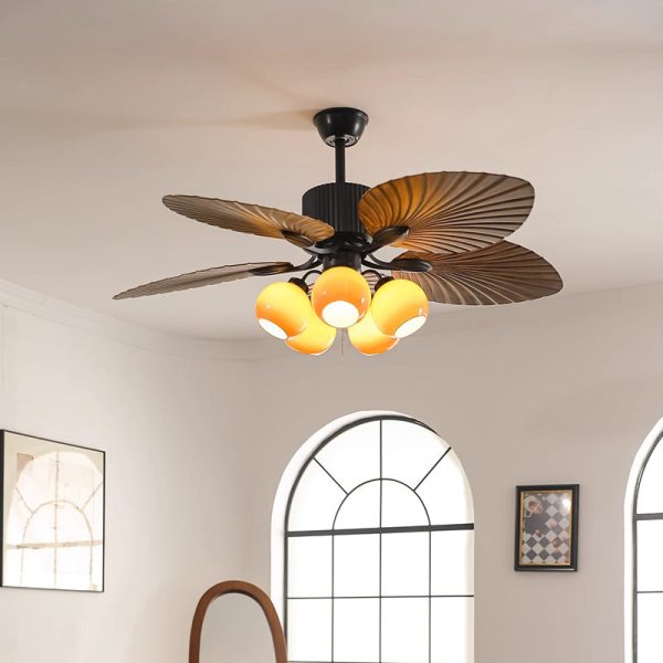 Traditional French Banana Leaves ABS Fan Round Glass Lampshade Iron 5 - Light Downrods Ceiling Fan Light For Living Room - Image 15