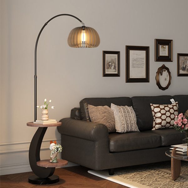 Contemporary Nordic Pumpkin Wood Lampshade Iron 1 - Light Standing Floor Lamp For Living Room