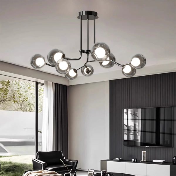 Contemporary Scandinavian Dome Orb Branches Iron Glass 9/12 - Light Chandelier For Living Room