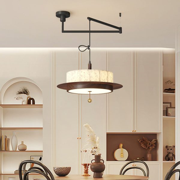 Traditional French Round Cylinder Flower Print Iron Fabric Wood LED Chandelier For Dining Room
