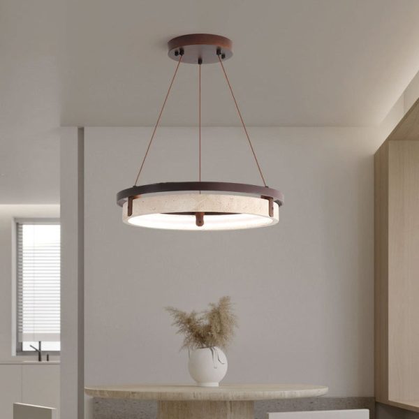 Traditional Japanese Round Yellow Travertine Walnut LED Chandelier For Dining Room